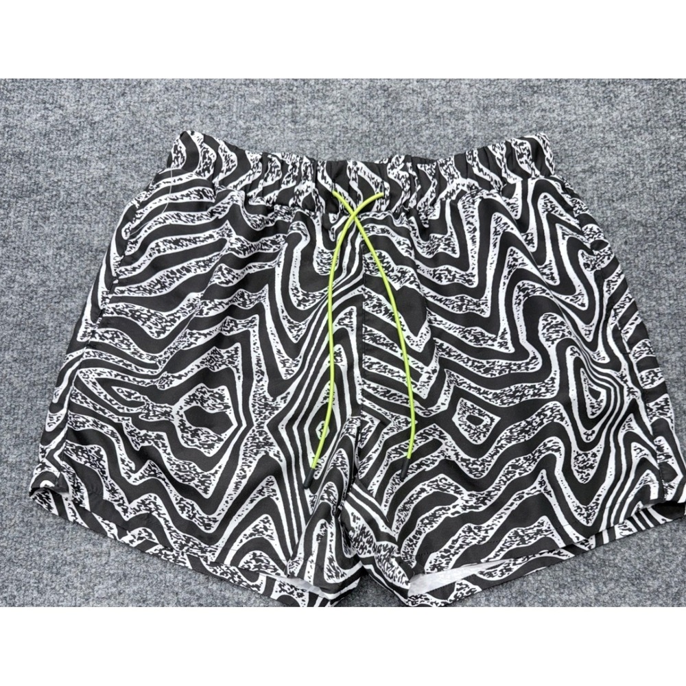 Topman Mens Black White Abstract Wavy Swim Shorts Neon Drawstring Size S/M